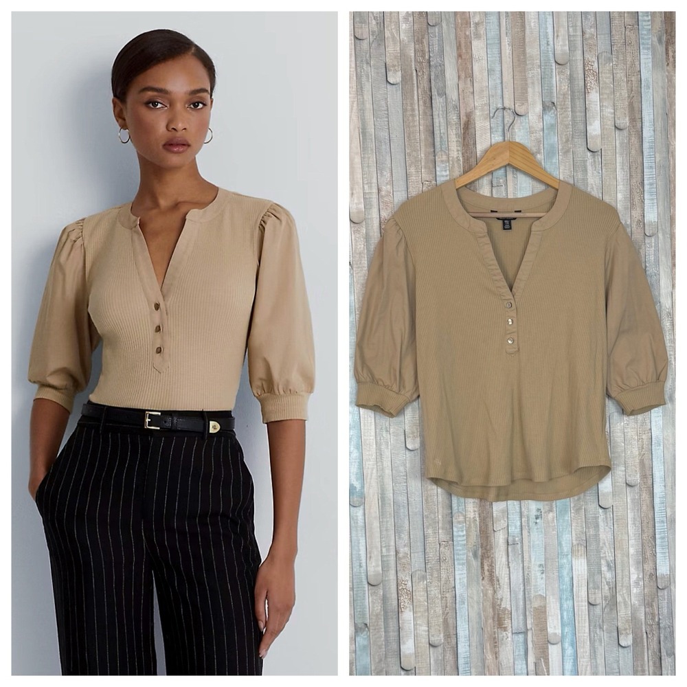 Lauren Ralph Lauren XXL Tan Ribbed Puff Sleeve Cotton Blend Henley Tee Top Shirt